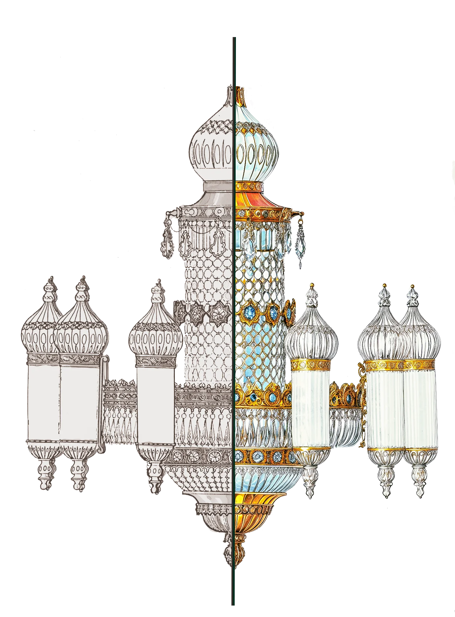 Vorher-Nachher: Skizze links, fertiges Rendering rechts - Kronleuchter Transformation